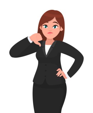 Başparmak aşağı hareketi/işareti gösterilen işkadını. Sevmediğim, reddetme, ret, konsept illüstrasyon vektör karikatür tarzı katılmıyorum. İş kadını resmi siyah elbiseli.