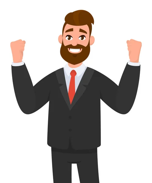 Счастливый Бизнесмен Поднимает Руки Кулаки Счастье Успех Позитивное Человеческое Выражение — стоковый вектор