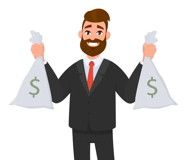 Smiling Successful Businessman Holding Cash Money Currency Bags Standing Isolated — Stock Vector