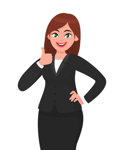 美丽的微笑的女商人显示竖起大拇指的标志 正面概念例证在向量动画片样式 — 图库矢量图片