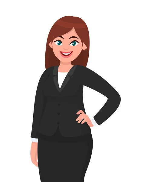 Hermosa Mujer Negocios Sonriente Traje Formal Pie Mientras Sostiene Mano — Vector de stock