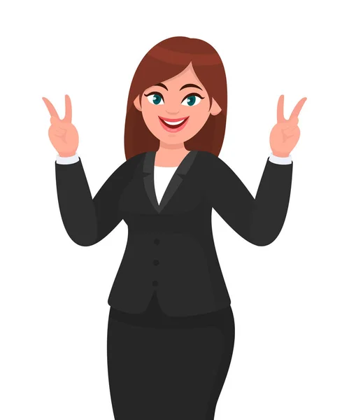 Exitosa Mujer Negocios Feliz Mostrando Gesto Signo Victoria Empresaria Mostrando — Vector de stock