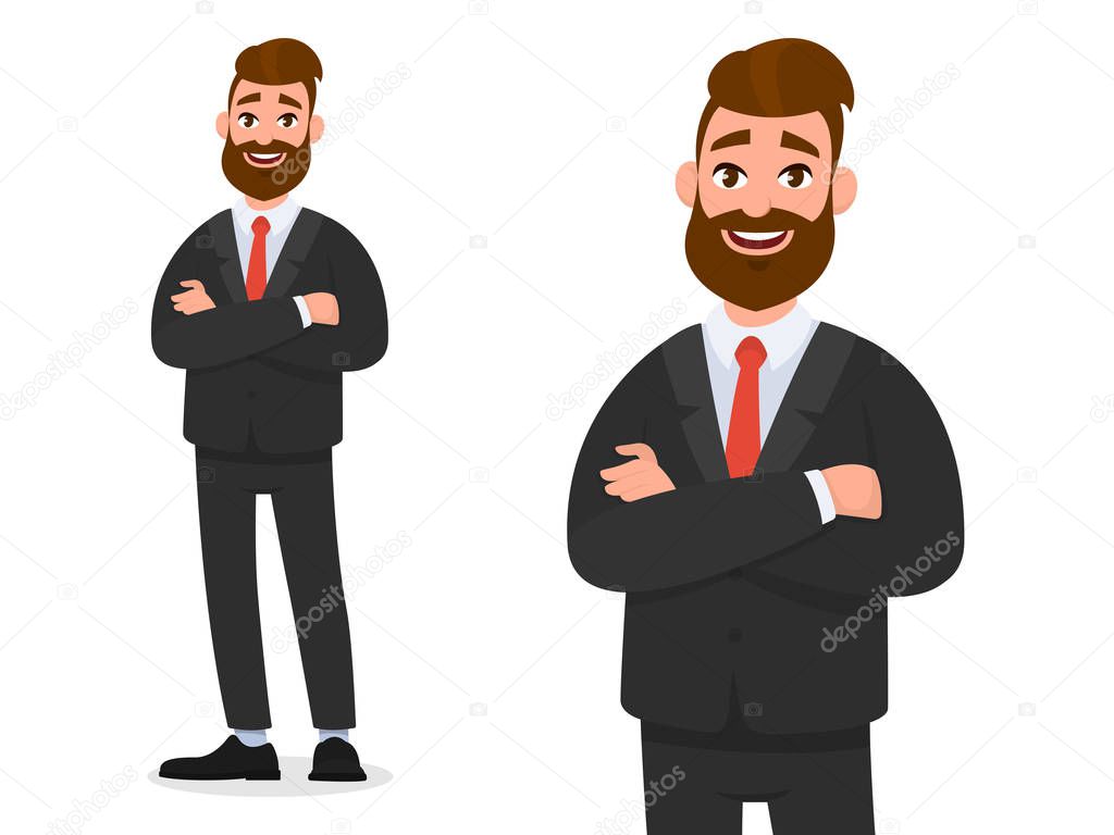 Smiling confident businessman in black formal wear with arms crossed isolated in white background portrait and full view. Emotion and body language concept in cartoon style vector illustration.
