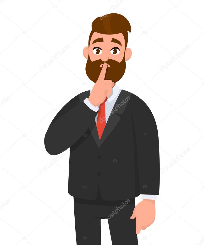 Business man asking silence please. Keep quiet. Man closed  his mouth with finger. Shut up! Emotion and body language concept in cartoon style vector illustration.