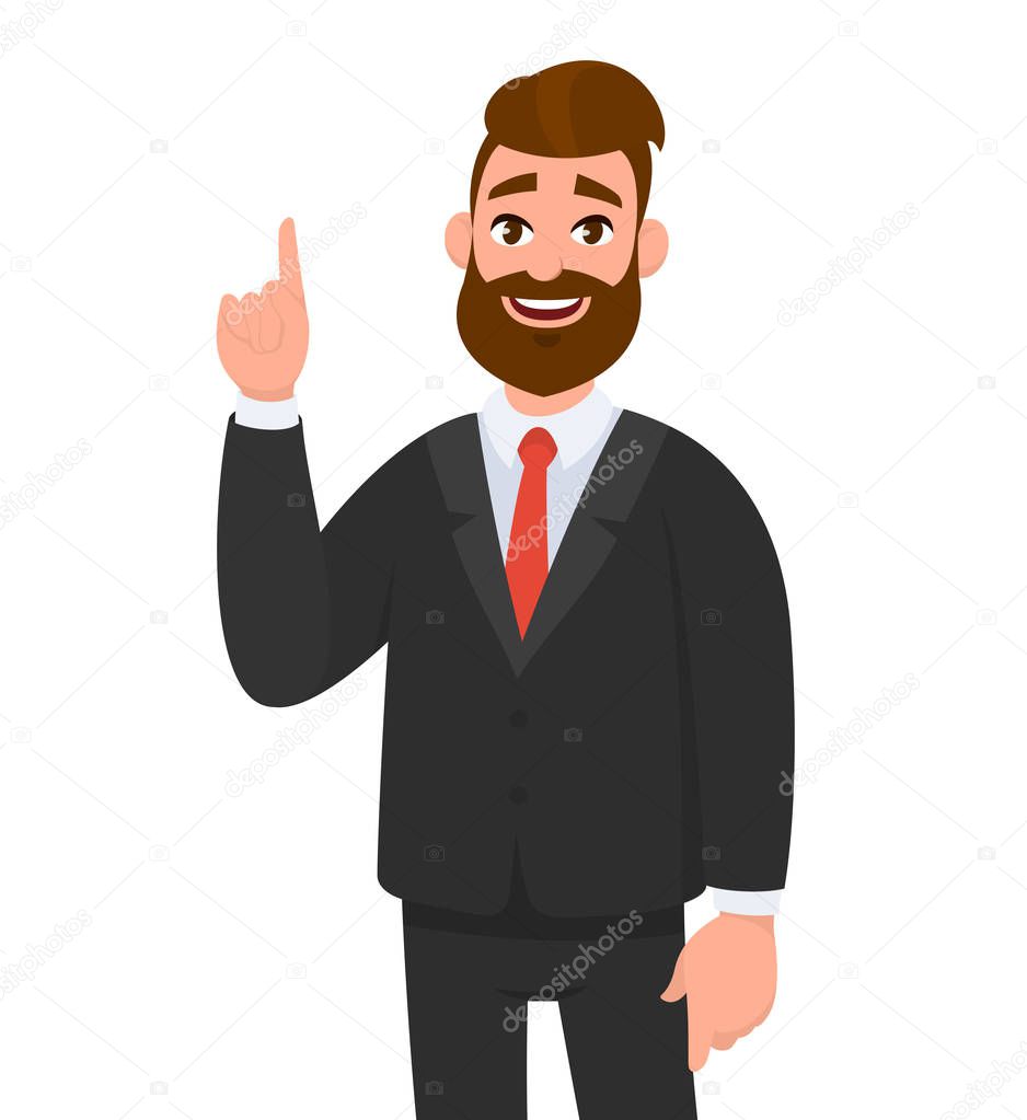 Happy businessman pointing up index finger gesture to copy space. Businessman emotion and body language concept illustration in vector cartoon style.