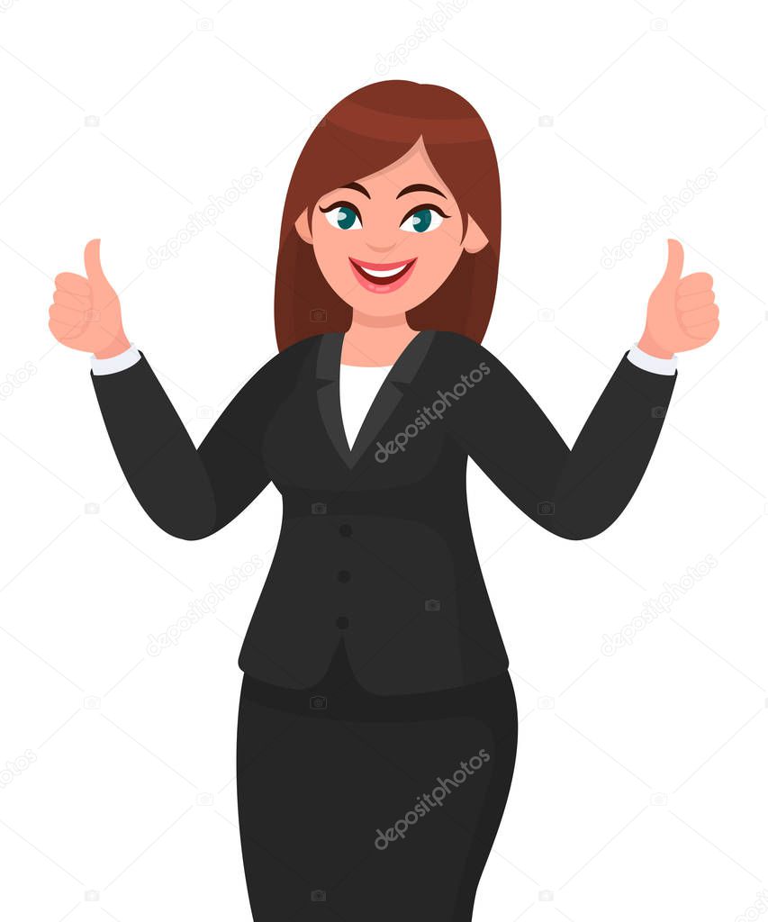 Beautiful smiling business woman showing thumbs up sign / gesturing with both hands. Like, agree, approve, positive concept illustration in vector cartoon style.