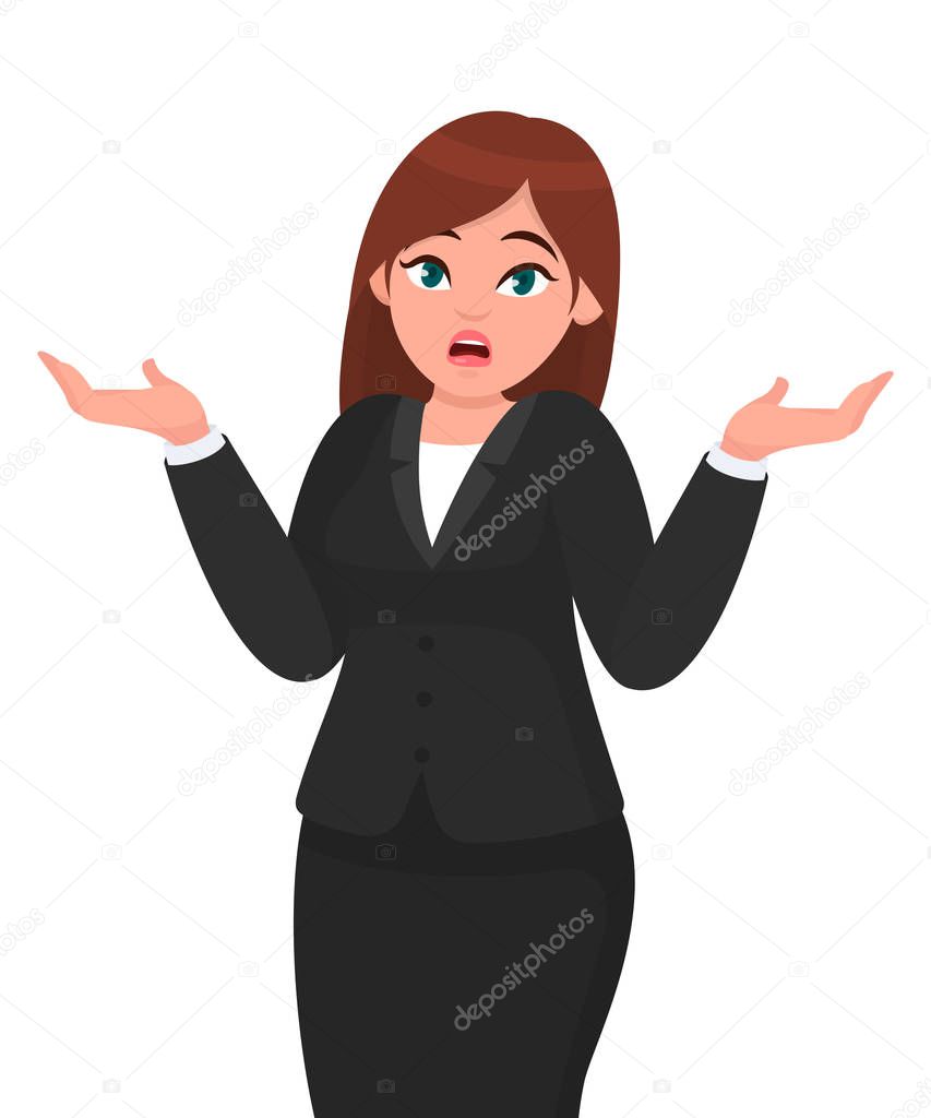 Oops! Sorry! I do not know.  Businesswoman shrugging shoulders spreading hands in do not know gesture.  Businesswoman concept illustration in vector cartoon style.