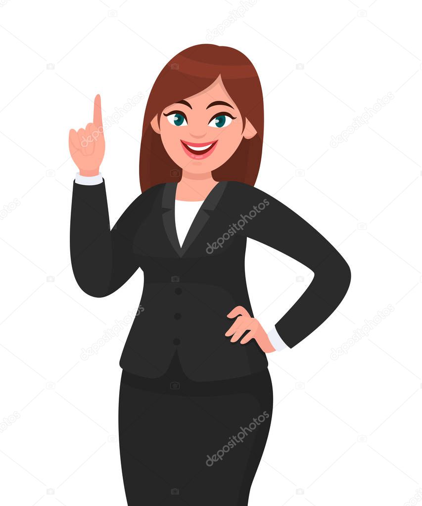 Happy business woman pointing index finger up. Woman raising / lifting hand to upward. Businesswoman concept illustration in vector cartoon style.