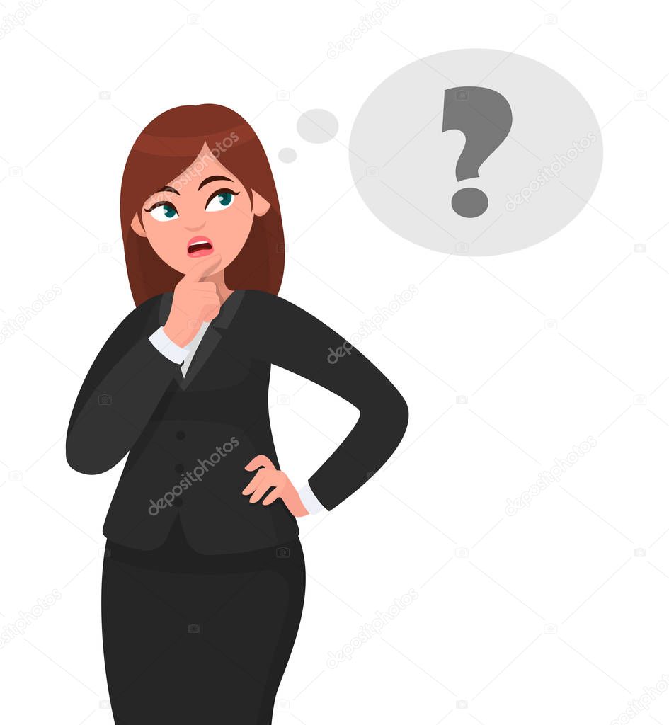 Thoughtful business woman is thinking, in the thought bubble question mark appearing. She is looking sideways and touching her face with a finger. Business woman concept illustration in vector.