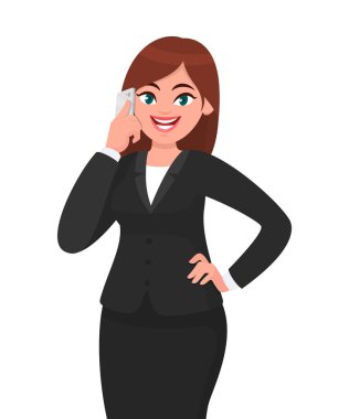 Mutlu işkadını kalça üzerine elini tutarak telefonda konuşma. Telekomünikasyon, teknoloji ve mobil veya smartphone kavramı illüstrasyon vektör çizgi film tarzı.