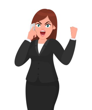 Kızgın işkadını Smartphone ve bağırarak veya çığlık ve yumruk jest yükselterek üzerinde konuşma. Teknoloji, telefon ve insani duygular konsept illüstrasyon vektör çizgi film tarzı.