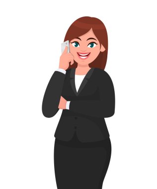 Mutlu işkadını çapraz kol ile telefonda konuşuyor. Telekomünikasyon, teknoloji ve mobil veya smartphone kavramı illüstrasyon vektör çizgi film tarzı.