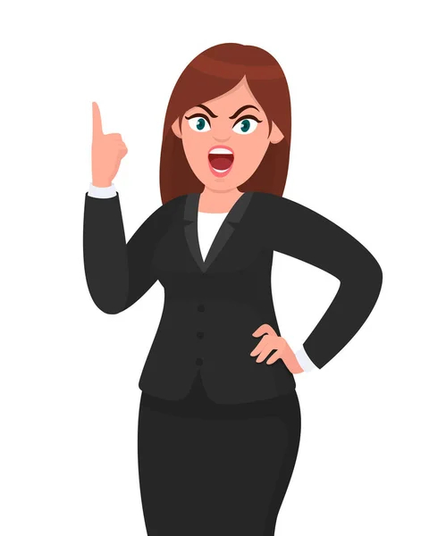 Angry Businesswoman Shouting Screaming Raising Hand Showing Index Finger Human — Stock Vector