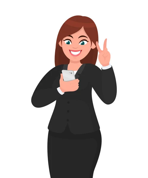 Happy Businesswoman Taking Selfie Showing Victory Peace Freedom Sign While — стоковый вектор