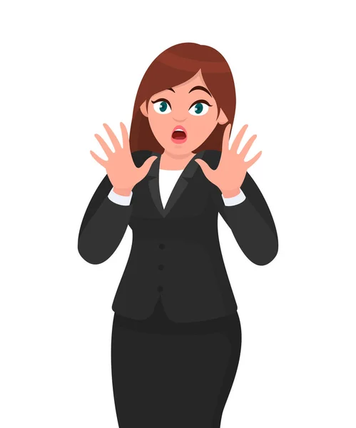 Shocked Stunned Businesswoman Raising Palms Protect Herself Human Emotion Body — Stock Vector