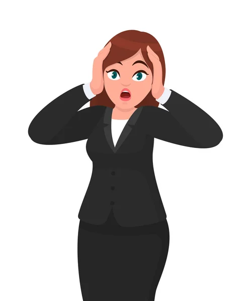 Schockierte Panik Unglückliche Geschäftsfrau Hält Die Hände Auf Dem Kopf — Stockvektor