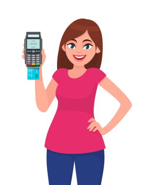 Gösterme/pos ödeme terminal veya kredi kartları kalça üzerine elini tutarak makine swiping holding genç kadın. Kablosuz modern banka ödeme, iş ve finans konsept illüstrasyon vektör.