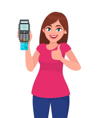 Gösterme/pos makinesi swiping, başparmak işaret yukarıya el hareketi ödeme terminal veya kredi kartları holding genç kadın. Kablosuz modern banka ödeme konsept illüstrasyon vektör çizgi film tarzı.