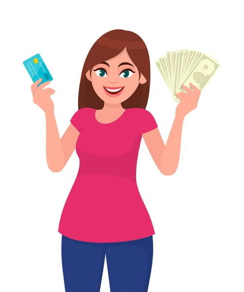 Atraktivní Mladá Žena Drží Zobrazení Nebo Kreditní Debetní Kartou Hotovost — Stockový vektor