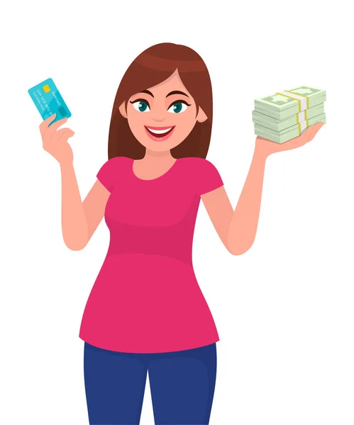 Attractive Happy Young Woman Holding Showing Credit Debit Card Bundle — Stock Vector