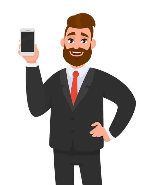 Feliz Hombre Negocios Sosteniendo Mostrando Teléfono Inteligente Mano Sosteniendo Mano — Vector de stock