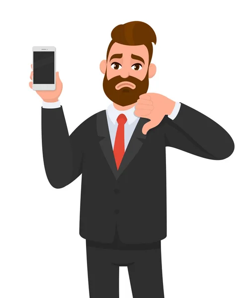 Δυστυχισμένος Επιχειρηματίας Εκμετάλλευση Εμφάνιση Ολοκαίνουργιο Smartphone Κινητά Κινητό Τηλέφωνο Στο — Διανυσματικό Αρχείο