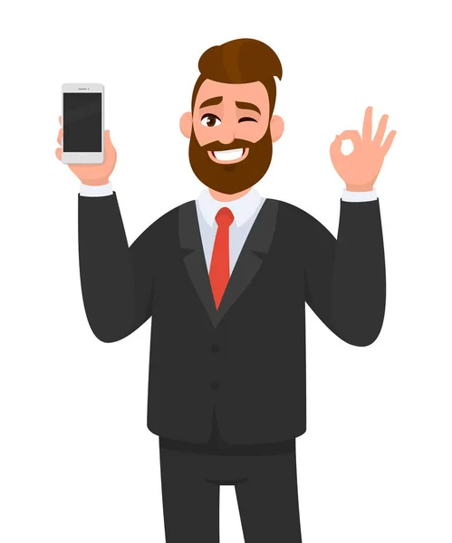 Счастливый Успешный Бизнесмен Показывает Смартфон Мобильный Телефон Сотовый Телефон Руке — стоковый вектор