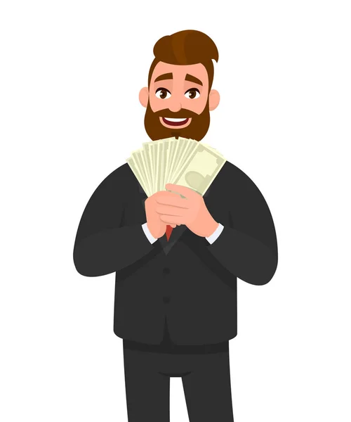 Χαμογελαστός Νεαρός Επιχειρηματίας Δείχνει Εκμετάλλευση Μετρητά Χρήματα Χαρτονομισμάτων Δολάρια Χαρτονομίσματα — Διανυσματικό Αρχείο