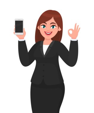 Boş ekran mobil, cep veya akıllı telefon gösterilen ve el hareketi veya el parmakları Tamam/Ok işaretiyle yaparak mutlu işkadını. Cep telefonu teknolojisi ve insan duygu illüstrasyon karikatür tarzı.