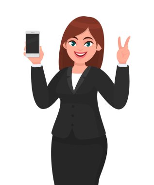 Güzel iş kadını boş ekran mobil, cep veya akıllı telefon gösterilen ve el hareketi veya zafer, V veya el parmaklarında ile barış işareti yapmak. Cep telefonu teknolojisi illüstrasyon karikatür tarzı.