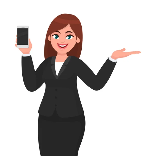 展示空白屏幕手机 手机或智能手机的快乐女商人的肖像 手势手复制空间边介绍 呈现一些东西 手机技术概念例证 — 图库矢量图片