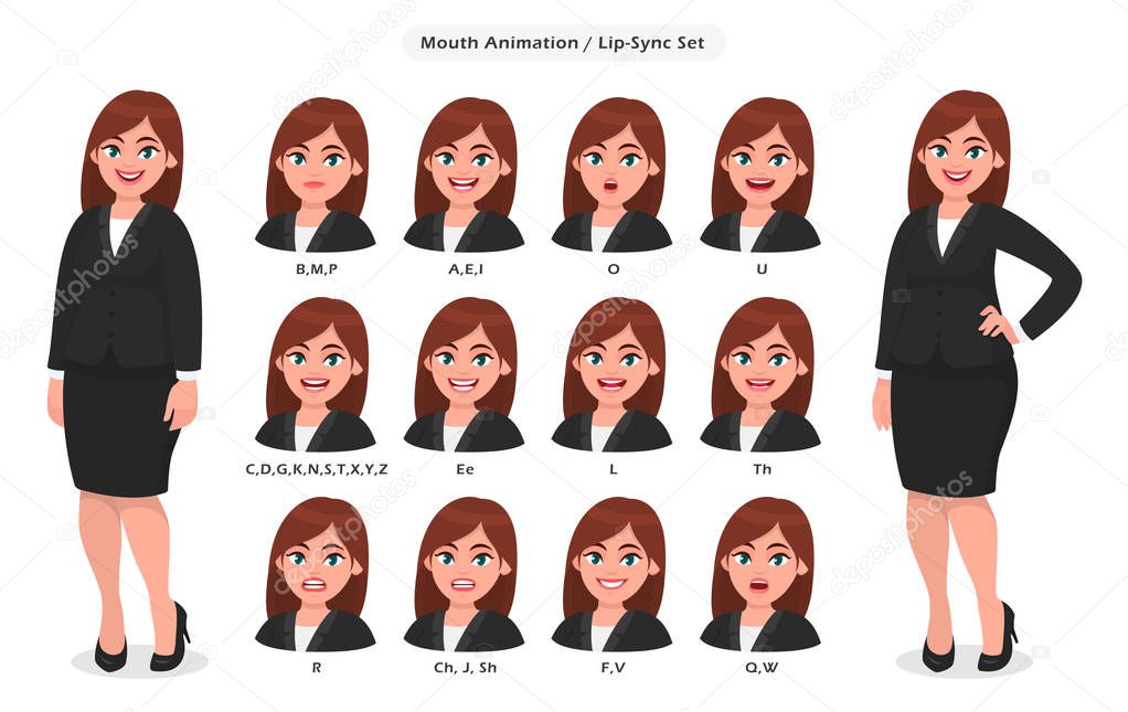Businesswoman's lip sync, animated phonemes collection for animation. Set of various mouth animation for female cartoon character illustration. Woman's lips speaking animations in English language.