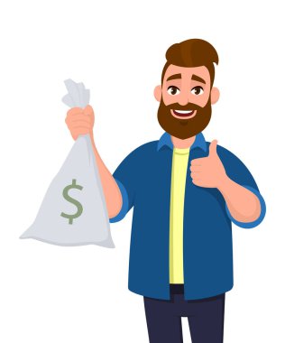 Zengin genç adam para, para çantası elinde tutan ve başparmak işaret yukarıya el hareketi. Başarılı iş ve Finans konsept illüstrasyon vektör karikatür düz stilde.