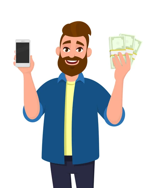 Mutlu genç gösterilen veya mobil, hücrede tutan adam, akıllı telefon ve para, para, dolar, para birimi grup, notlar elinde banka. Mobil bankacılık ve dijital ödeme konsept illüstrasyon karikatür tarzı.
