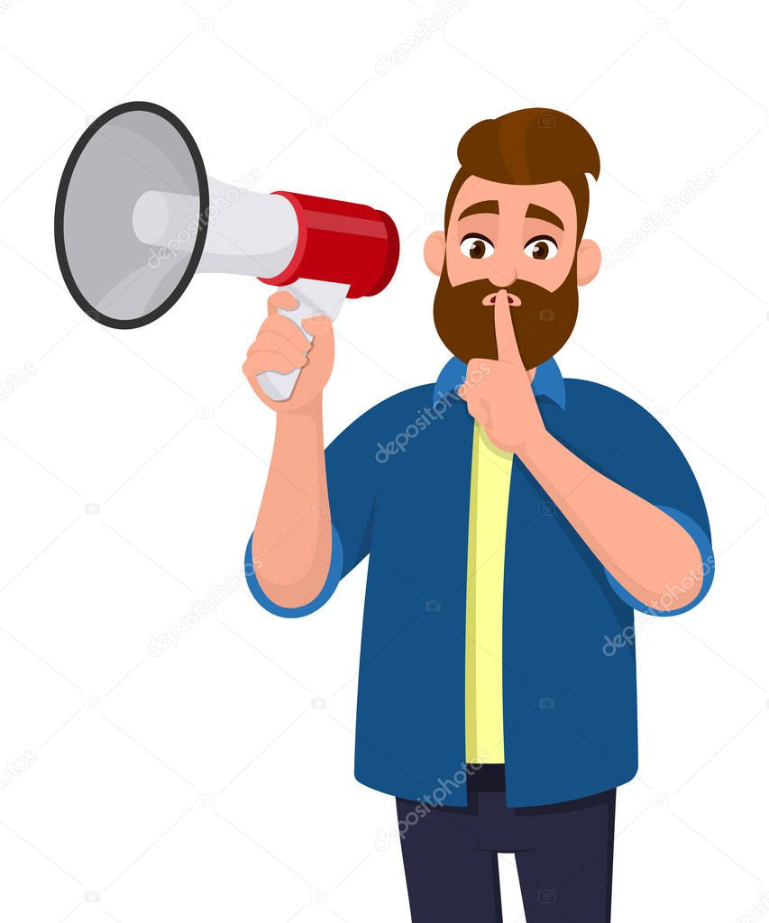 Man is holding a megaphone or loudspeaker and holding index finger on lips asking for silence. Shh! Keep quiet! Silence please! Calm down! The concept of secret illustration in vector cartoon style.