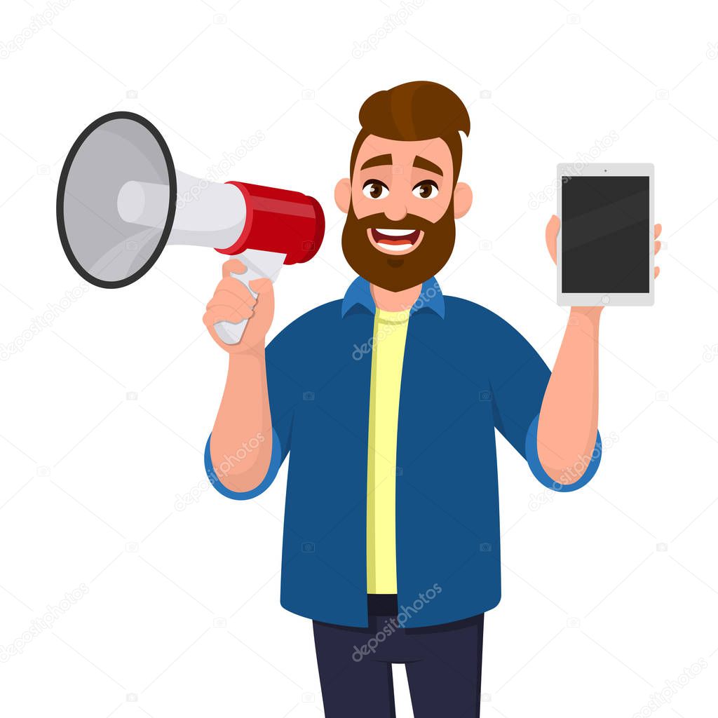 Happy man holding a megaphone or loudspeaker and showing a blank display pad, tablet computer PC in hand. Announcement, sales, offer, product introduction concept illustration in vector cartoon style.