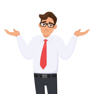Oops. Özür dilerim. Bilmiyorum. Omuz, shrugging karışık genç işadamı portresi gösterir çaresiz soru jest, elleri, yaymak o ne yapmak, konsept illüstrasyon karikatür bilmiyor.