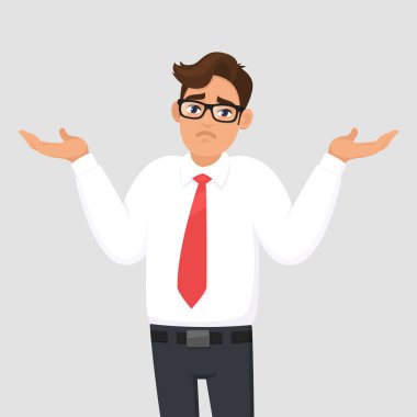 Oops. Özür dilerim. Bilmiyorum. Omuz, shrugging karışık genç işadamı portresi gösterir çaresiz soru jest, elleri, yaymak o ne yapmak, konsept illüstrasyon karikatür bilmiyor.