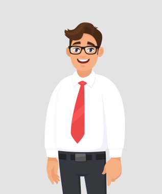 Beyaz gömlek ve kırmızı kravat gri/gri arka plan üzerinde duran, kendinden emin yakışıklı genç işadamı portresi. İnsan duyguları ve işadamı kavramı illüstrasyon vektör düz stil çizgi film.