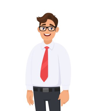 Beyaz gömlek ve kırmızı kravat, beyaz arka planı ayakta emin yakışıklı genç işadamı portresi. İnsan duyguları ve işadamı kavramı illüstrasyon vektör düz stil çizgi film.