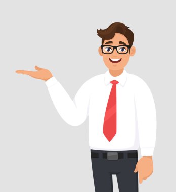 Uzay tarafı uzak avuç, reklam ürün, kavramı ile kopyalamak için gösteren işaret/el iş adamı portresi tanıtmak bir şey. Adam sunan jest veya işareti gösterir. Karikatür Çizim.