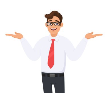 Mutlu genç işadamı yayılır veya alan taraf reklam ürün, uzağa için kopyalamak için hareketleri eller tanıtır ve beyaz arka plan karşı duran bir şey sunar. Karikatür Çizim.