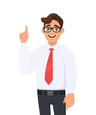 El parmağı kadar kopya alanı, reklam ürün, işaret başarılı genç işadamı portresi tanıtmak bir şey. İnsani duygular kavramı karikatür resimde beyaz arka plan.