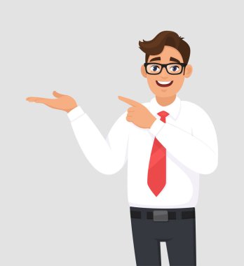 Uzay yan, kopyalamak için gösterilen ve el işaret eden işadamı kavramı reklam ürünün bir şey tanıtmak. Adam sunan jest veya işareti gösterir. Gri/gri arka plan resimde çizgi film.