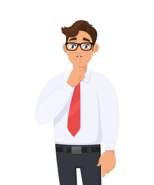 Portrait Young Handsome Businessman Making Shh Gesture Keeping Secret Asking — Stock Vector