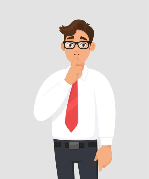 Portrait Young Handsome Businessman Making Shh Gesture Keeping Secret Asking — Stock Vector