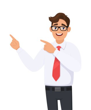 Uzay yan, kopyalamak için gösterilen ve el işaret eden işadamı kavramı reklam ürünün bir şey tanıtmak. Adam sunan jest veya işareti gösterir. Beyaz arka plan resimde çizgi film.