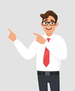 Uzay yan, kopyalamak için gösterilen ve el işaret eden işadamı kavramı reklam ürünün bir şey tanıtmak. Adam sunan jest veya işareti gösterir. Gri/gri arka plan resimde çizgi film.