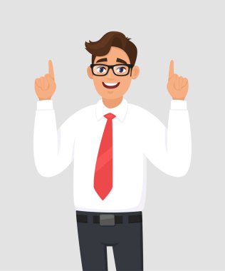 El işaret parmakları işaret eden oktan yukarı genç mutlu işadamı portresi, reklam ürün, kavramını tanıtmak bir şey. İnsani duygular kavramı çizgi film illüstrasyon gri/gri arka planda.