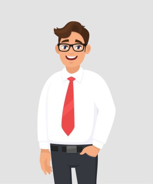 Portre pantolon'ın cebinde, karşı gri/gri arka plan ayakta beyaz gömlek ve kırmızı kravat genç bir işadamı, el. İnsan duyguları ve işadamı kavramı illüstrasyon vektör düz stil çizgi film.